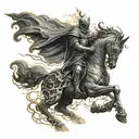 A storm cloud with intricate lightning bolts striking down, with a silhouette of a kneeling knight statue tattoo design idea