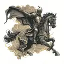 A storm cloud with intricate lightning bolts striking down, with a silhouette of a kneeling knight statue tattoo design idea