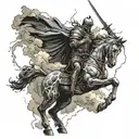 A storm cloud with intricate lightning bolts striking down, with a silhouette of a kneeling knight statue tattoo design idea