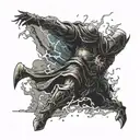 A storm cloud with intricate lightning bolts striking down, with a silhouette of a kneeling knight statue tattoo design idea