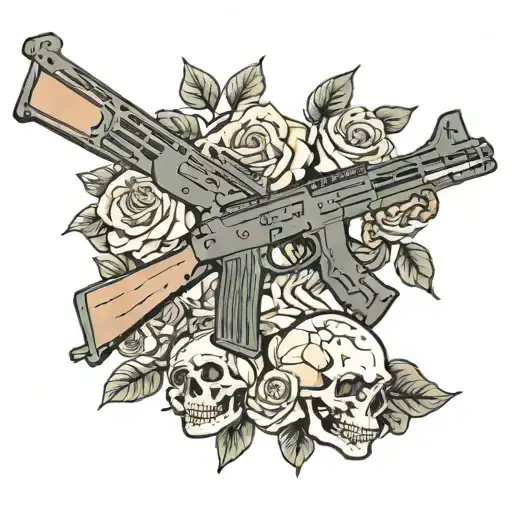 A SAIGA 12 AK STYLE SHOTGUN WITH A DRUM MAGAZINE FULL OF BRASS SHELLS WITH ROSES AND A SKULL AROUND IT tattoo design idea