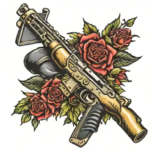 A REALISTIC AK STYLE SHOTGUN WITH A DRUM MAGAZINE FULL OF BRASS SHELLS WITH RED ROSES AND A SKULL AROUND IT tattoo design idea