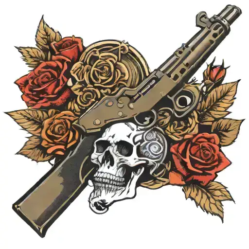 A REALISTIC SAIGA 12 AK STYLE SHOTGUN WITH A DRUM MAGAZINE FULL OF BRASS SHELLS WITH ROSES AND A SKULL AROUND IT tattoo design idea