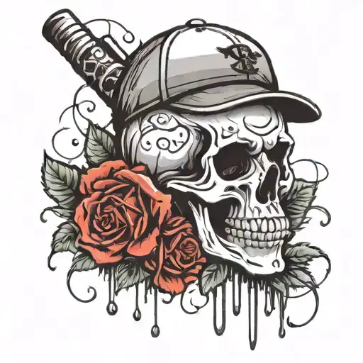 A SKULL WEARING A BASEBALL CAP WITH A SKULL ON IT, ROSES ALL AROUND AND BULLETS tattoo design idea