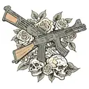 A SAIGA 12 AK STYLE SHOTGUN WITH A DRUM MAGAZINE FULL OF BRASS SHELLS WITH ROSES AND A SKULL AROUND IT tattoo design idea