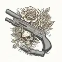 A SAIGA 12 AK STYLE SHOTGUN WITH A DRUM MAGAZINE FULL OF BRASS SHELLS WITH ROSES AND A SKULL AROUND IT tattoo design idea
