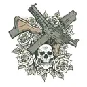 A SAIGA 12 AK STYLE SHOTGUN WITH A DRUM MAGAZINE FULL OF BRASS SHELLS WITH ROSES AND A SKULL AROUND IT tattoo design idea