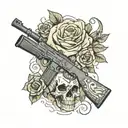 A SAIGA 12 AK STYLE SHOTGUN WITH A DRUM MAGAZINE FULL OF BRASS SHELLS WITH ROSES AND A SKULL AROUND IT tattoo design idea