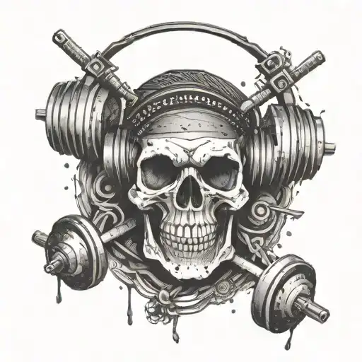 A skull with headphones on, lifting weights with swords crossed behind it tattoo design idea
