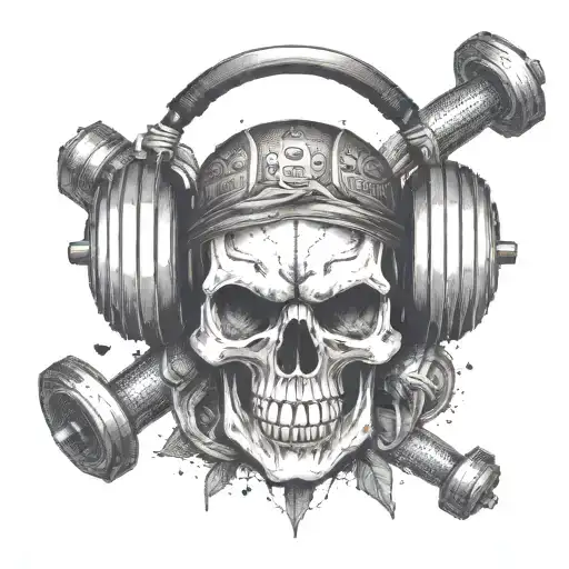 A skull with headphones on, lifting weights with swords crossed behind it tattoo design idea