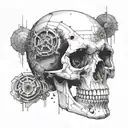 A futuristic cyberpunk skull design incorporating elements of dotwork style tattoo design idea