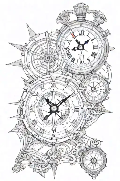 fusion design clock and compass tattoo design idea