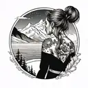 girl overlooking ocean and mountains in snow, she is sad and overlooking away from the foreground tattoo design idea