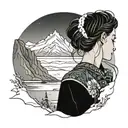 girl overlooking ocean and mountains in snow, she is sad and overlooking away from the foreground tattoo design idea