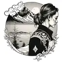 girl overlooking ocean and mountains in snow, she is sad and overlooking away from the foreground tattoo design idea