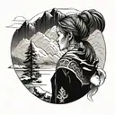 girl overlooking ocean and mountains in snow, she is sad and overlooking away from the foreground tattoo design idea