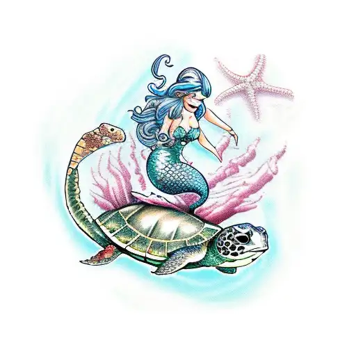 mermaid and sea turtle nautical tattoo design idea