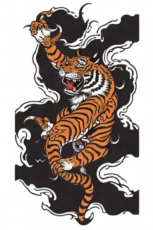 Shachihoko, body of a tiger, tail of a fish, bloodied claws tattoo design idea