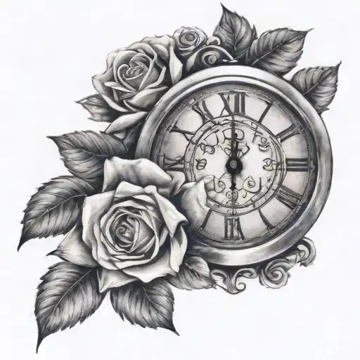 stone clock and roses tattoo design idea