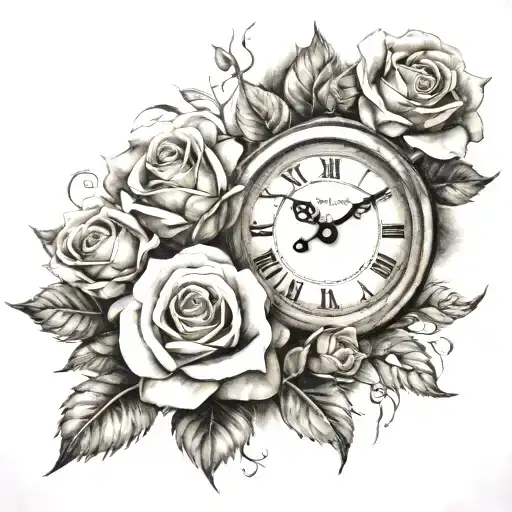 stone clock and roses tattoo design idea