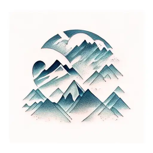 A tattoo design of a serene mountain scene with a hidden image of a cricket bat and ball, combining elements of realism and traditional styles tattoo design idea