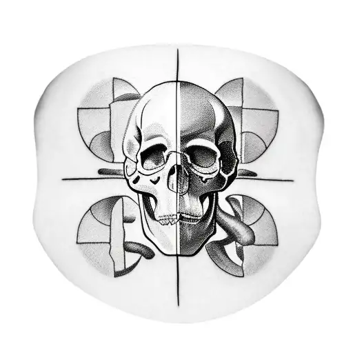 The face of a skull, monkey, socrates, and human in a four way cross-section tattoo design idea