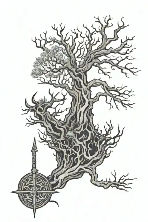 viking and dead tree tattoo design idea
