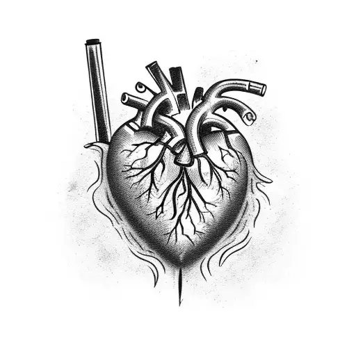 Bloody, dissected heart surrounded by flames tattoo design idea