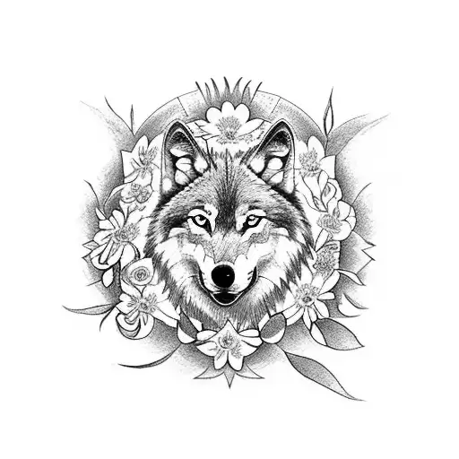 Wolf with Forget Me Not Flowers, 08/23/1997-04/20/2020 roman numerals, naomi in greek tattoo design idea