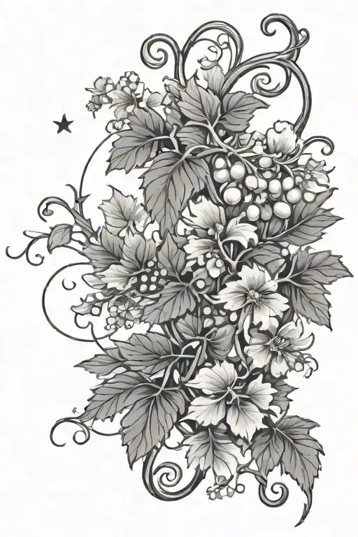 grape vine with flowers in the night sky tattoo design idea