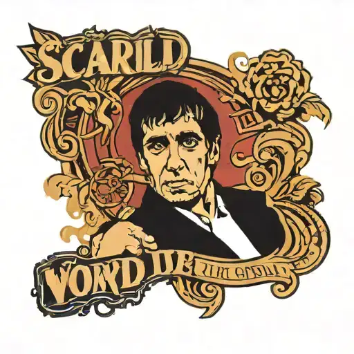tattoo of tony montana from the movie scarface he smokes a cigar and there is a text that says the world is y tattoo design idea