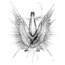 A powerful eagle breaking chains with its wings, symbolizing freedom and perseverance tattoo design idea