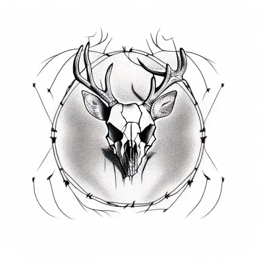 deer skull stuck in barbed wire fence tattoo design idea