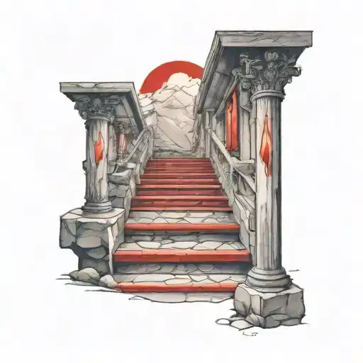 Arcos chinos de color rojo ordenados sobre una escalera de montaña con velas  tattoo design idea