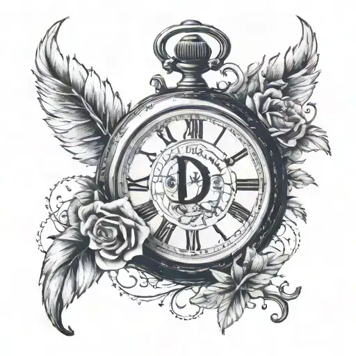 A tattoo design combining the initial 'D' with a vintage pocket watch set to the date 09/10/2008, representing the timeless nature of romance. tattoo design idea