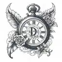 A tattoo design combining the initial 'D' with a vintage pocket watch set to the date 09/10/2008, representing the timeless nature of romance. tattoo design idea