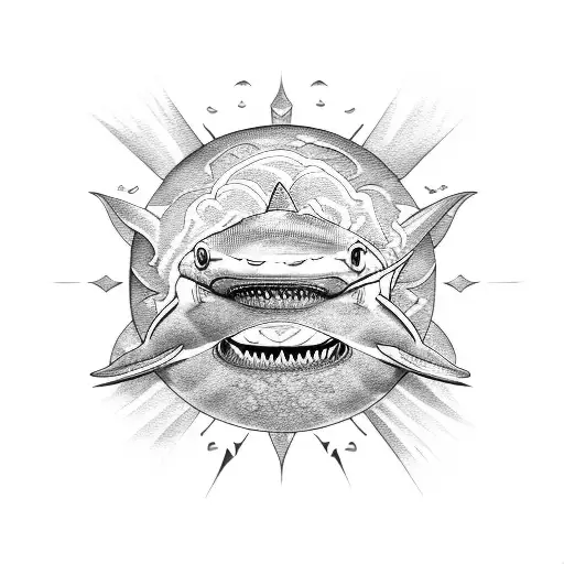 shark sun set tattoo design idea