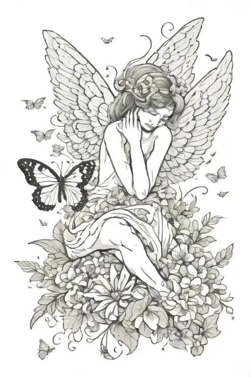 fallen angel with broken wings  surrounded by flowers and butterflies  tattoo design idea