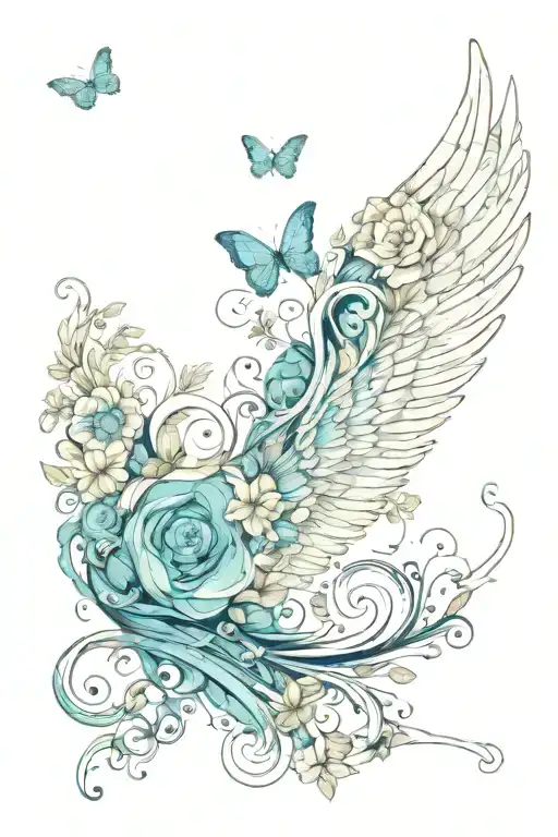 angel wings made of ocean waves, flowers and butterflies tattoo design idea