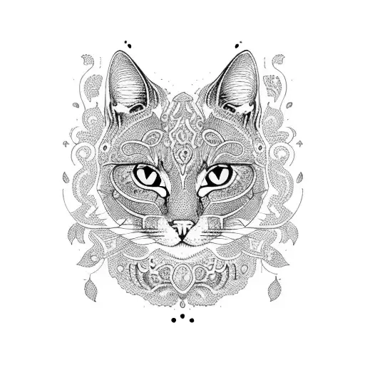 A whimsical blackwork tattoo of a cat surrounded by intricate doodles and patterns tattoo design idea