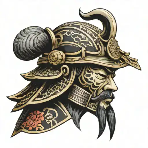 Samurai head with helmet tattoo design idea