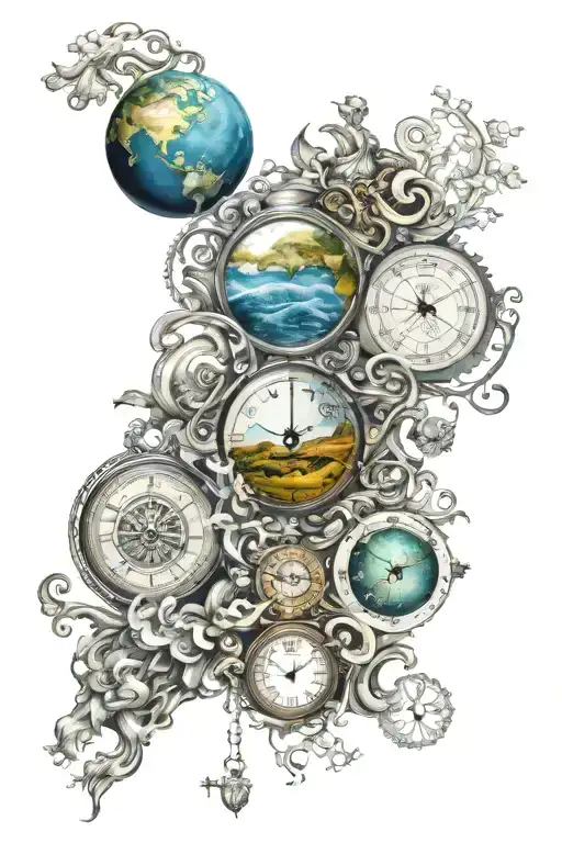 representation of time and the 4 earth elements intertwined tattoo design idea