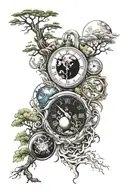 representation of time and the 4 earth elements intertwined tattoo design idea