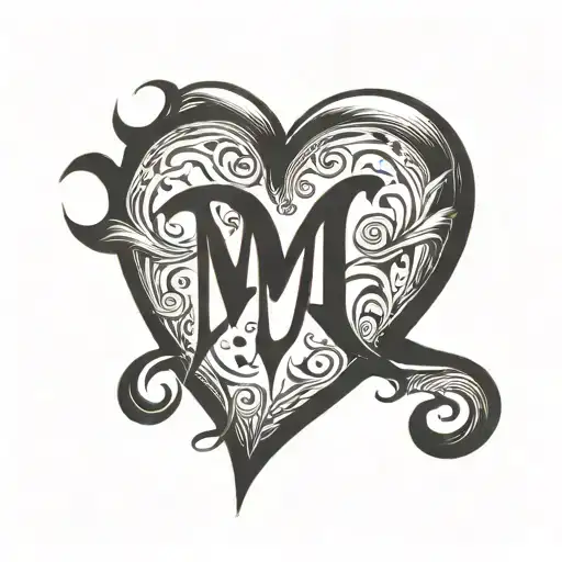 Heart tattoo with the letters M A U S  P carved tattoo design idea