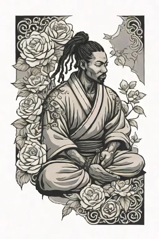 Black samurai with dreadlock ponytail meditating in rose garden tattoo design idea