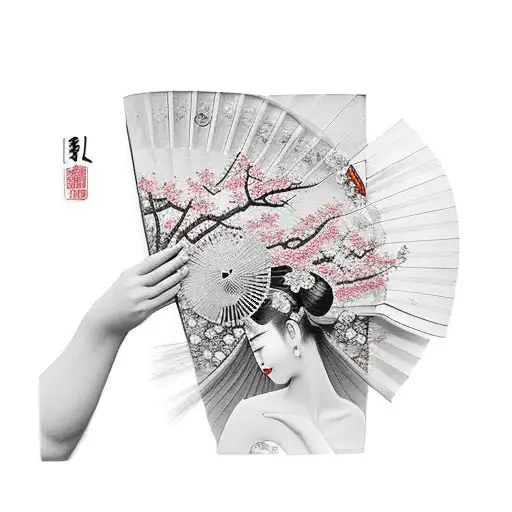 A geisha model holding a traditional Japanese fan surrounded by cherry blossoms tattoo design idea
