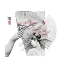 A geisha model holding a traditional Japanese fan surrounded by cherry blossoms tattoo design idea