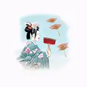A geisha model holding a traditional Japanese fan surrounded by cherry blossoms tattoo design idea