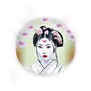 A geisha model holding a traditional Japanese fan surrounded by cherry blossoms tattoo design idea