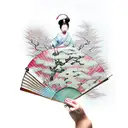 A geisha model holding a traditional Japanese fan surrounded by cherry blossoms tattoo design idea